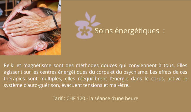 Reiki et magnétisme sont des méthodes douces qui conviennent à tous. Elles agissent sur les centres énergétiques du corps et du psychisme. Les effets de ces thérapies sont multiples, elles rééquilibrent l’énergie dans le corps, active le système d’auto-guérison, évacuent tensions et mal-être.  Tarif : CHF 120.- la séance d’une heure Soins énergétiques  :